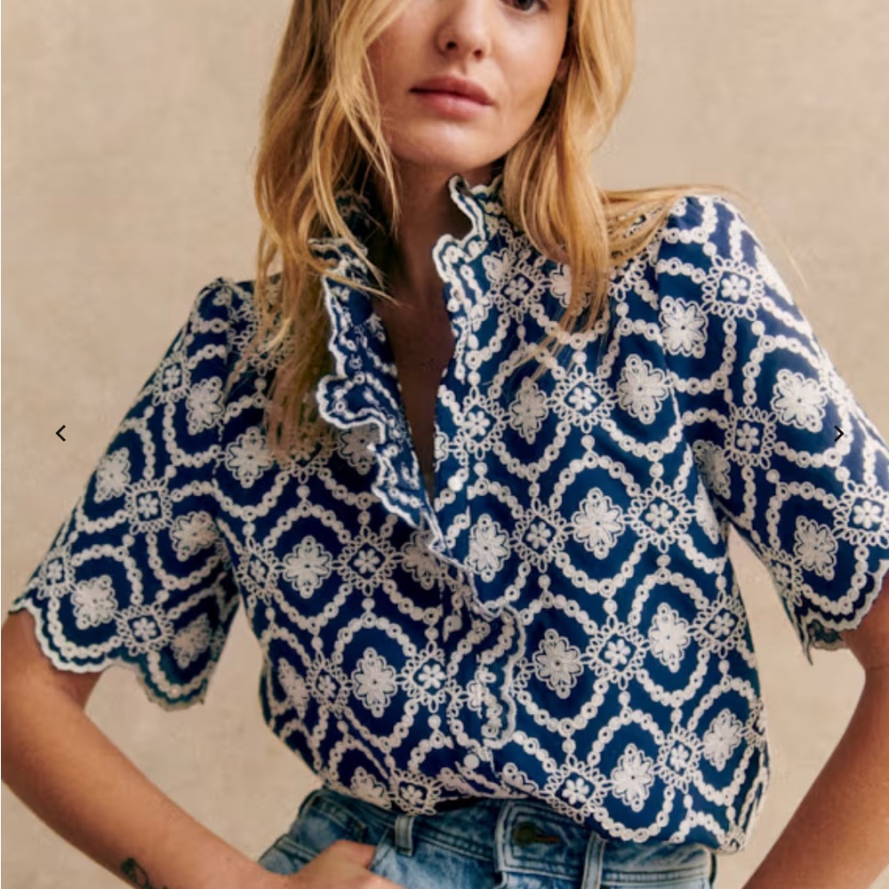 NWT Sezane Navy and Cream Patterned Blouse